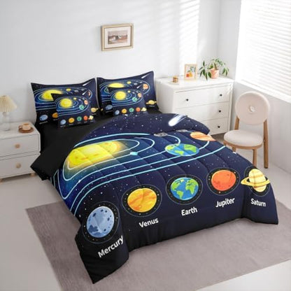 Erosebridal Solar System Queen Comforter Set 7 Pieces, Galaxy Bed in A Bag, Outer Space Bedding Set with Comforters, Sheets, Pillowcases Starry Sky Universe Planets Bedroom Decor