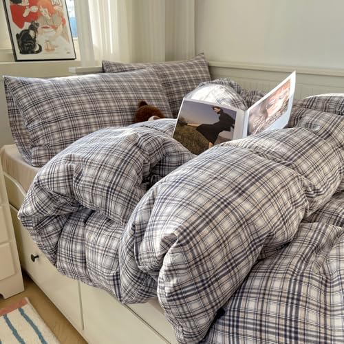 mixinni King Duvet Cover Set - 3 Piece Vintage Buffalo Plaid Bedding, 100% Washed Cotton Duvet Cover with 2 Pillowcases, Soft & Breathable Navy Beige White Geometric Grid Pattern for All Seasons