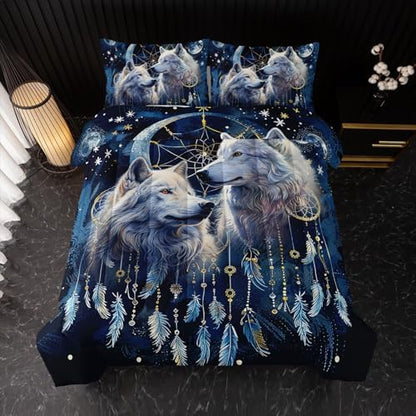 Wolf Dream Catcher Comforter Set - Twin Size Modern Wildlife Animal Tie Dye Wolf Bedding Set for Girls Boys Kids Teens with 2 Pillowcases