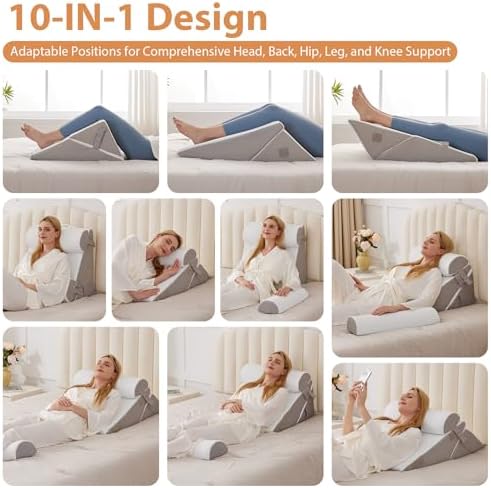 BIEEZZK 4PCS Wedge Pillow Set for After Surgery, Back Pillow for Bed Sitting up, 9&12inch Adjustable Memory Foam Bed Wedges, Pillow Wedge for Acid Reflux, Back Pain Relief, Snoring, White/Grey