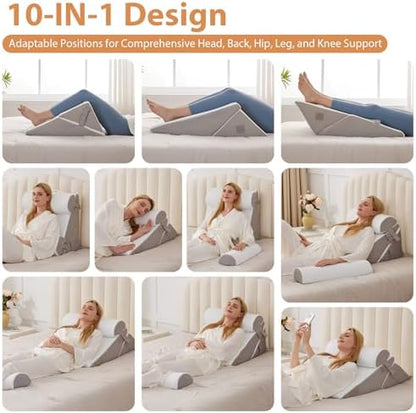 BIEEZZK 4PCS Wedge Pillow Set for After Surgery, Back Pillow for Bed Sitting up, 9&12inch Adjustable Memory Foam Bed Wedges, Pillow Wedge for Acid Reflux, Back Pain Relief, Snoring, White/Grey