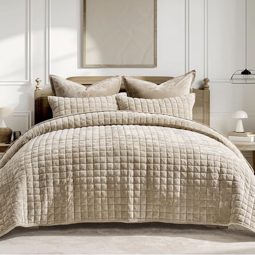 RECYCO Channel Box Stitch Velvet Quilt Set, Twin/Twin XL Size, Urban Taupe