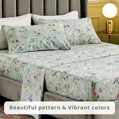 QSH Green Floral Queen Size Sheet Sets - Green Flower Bird Butterfly Print Botanical Bedding Egyptian Cotton Printed Sheets Queen Size Bed Extra Soft and Breathable 17.5" Deep Pockets Bed Sheets 4pcs