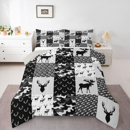 Erosebridal Deer Comforter Set for Boys, Grey Black Camo Down Comforter Boho Antlers Silhouette Bedding Set Kids Teens Camouflage Grunge Arrows Pattern Duvet Sets with 2 Pillow Cases, Queen Size