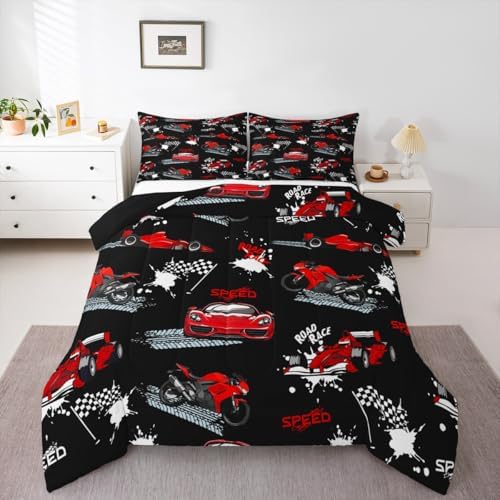 Erosebridal Black Red Race Car Bedding Set Kids Sports Car Comforter Set Toddler,Speed Racing Car Bedding for Boys Teens Men Extreme Sport Games Duvet Insert Dirt Bike Motocross Quilt,1 Pillowcase