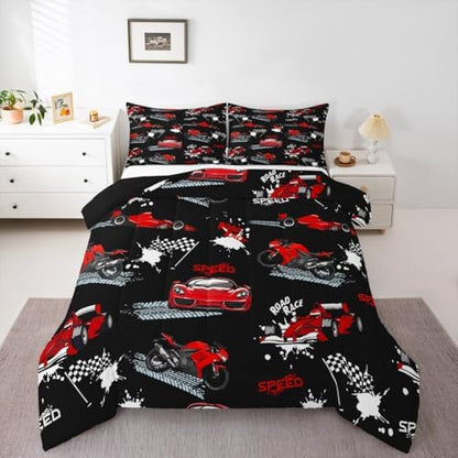 Erosebridal Black Red Race Car Bedding Set Kids Sports Car Comforter Set Toddler,Speed Racing Car Bedding for Boys Teens Men Extreme Sport Games Duvet Insert Dirt Bike Motocross Quilt,1 Pillowcase