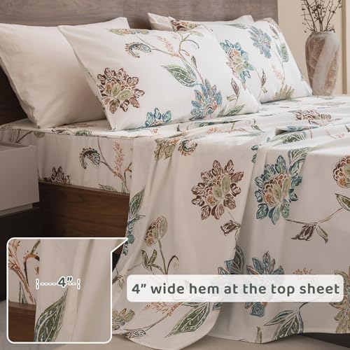 QSH Floral Bed Sheets Queen Size - 100% Egyptian Cotton Sheets Elegant Botanical Leaves Flower Pattern Printed Bedding Sheets Queen Size Bed Extra Soft and Breathable 4pcs Deep Pockets Bed Sheets