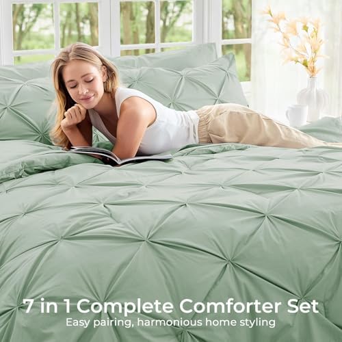 Sasttie Full Size Comforter Set, 7-Piece Bed in a Bag, Pintuck Bedding Set for All Season, Includes Comforter, Flat Sheet, Fitted Sheet, Pillowcases and Pillowshams, Light Sage Green