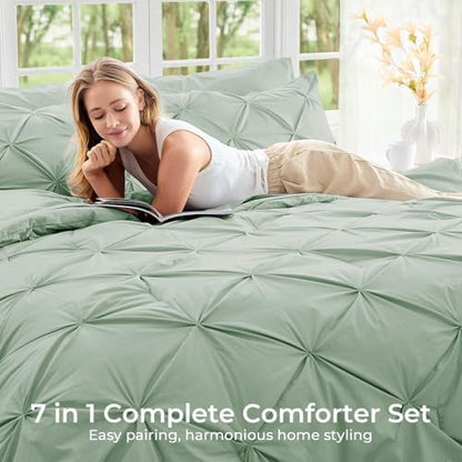 Sasttie Full Size Comforter Set, 7-Piece Bed in a Bag, Pintuck Bedding Set for All Season, Includes Comforter, Flat Sheet, Fitted Sheet, Pillowcases and Pillowshams, Light Sage Green