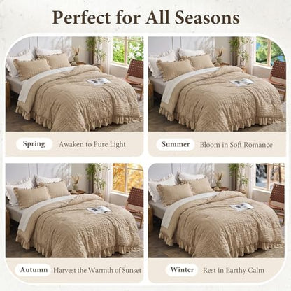JOLLYVOGUE Khaki Oversized Queen Comforter Set,3pcs Seersucker Bed Set