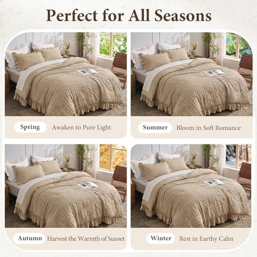 JOLLYVOGUE Full Size Comforter, 3 Pieces Khaki Seersucker Lightweight Full Size Bedding, All Season Fluffy Microfiber Bedding Comforter Set with 1 Ruffle Comforter and 2 Ruffle Pillowshams