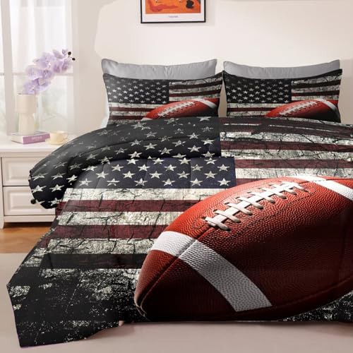 American Football Comforter Set for Boys Teens,Kids Sports Bedding Set Twin Size,USA Flag Football Printed Bedroom Sets with 2 Matching Pillow Shams