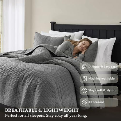 palassio Dark Grey 100% Cotton Quilt King Size Bedding Sets with 2 Pillow Shams, Textured Lightweight Soft Bedspread Shabby Chic Coverlet, Quilted Comforter Bed Cover for All Season, 3 Pieces