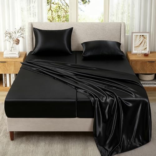 SiinvdaBZX 5-Piece Black Satin Sheets Split King Size Set