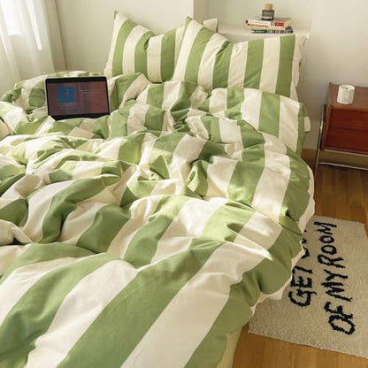 LifeTB Striped Comforter Set Twin XL Fluffy Soft Modern Style Green White Stripes Pattern Printed Bedding Set 3 Pieces Retro Striped Comforter with 2 Pillowcases Cozy Lightweght Bedding Comforter Set