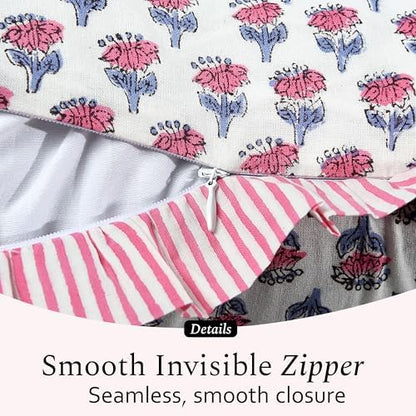 CPC Block Print Pink Sapphire Ruffle Cotton Lumbar Pillow Cover 14x36 inch