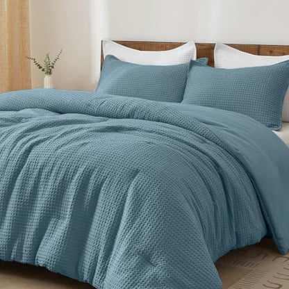 PHF Ultra Soft Waffle Comforter Set 3 Pieces King, Stormy Blue