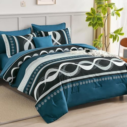 Anibedding Teal Comforter Set King Size,8 Piece Patchwork Striped Bed Set