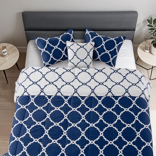 LUX Décor Reversible 5pc Queen Comforter Set, Printed Bedding Set, All-in-One Bed in a Bag, Includes 1 Comforter, 2 Pillow Shams, 1 Decorative Pillow & 1 Bed Skirt (Quatrefoil Navy,Queen)