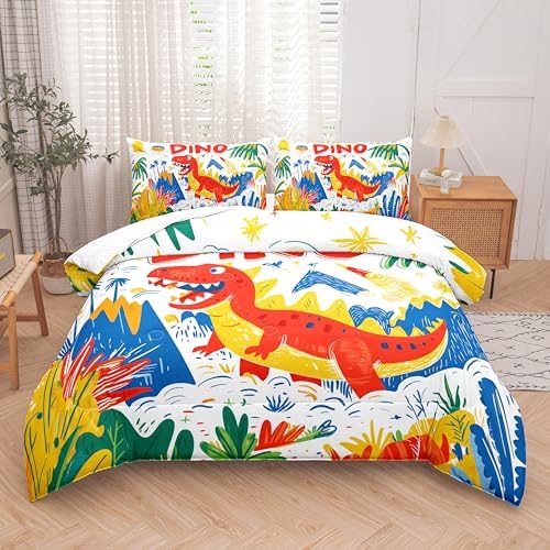Helloosun 5PCS Dinosaur Comforter Sets Twin,Cartoon Dinosaur Bedding Sets for Kids,Colourful Toddler Comforter Twin