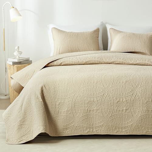 akkialla King Quilt Bedding Set,Beige Ultrasonic King/Cal King Quilt Set,Lightweight Soft Bedspread Coverlet,Modern Style Coin Pattern Bed Cover for All Seasons,3 Piece(1 Quilt,2 Pillow Shams)