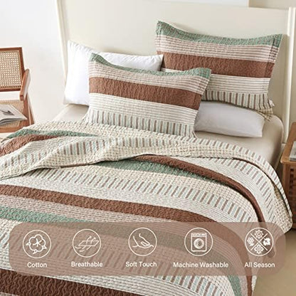 Finlonte 100% Cotton Queen Size Quilt Set, Patchwork Striped Queen Quilt Bedding Set Farmhouse Bedspread, Lightweight Quilted Comforter Reversible Bed Spread for All Season, Green/Brown/Beige, 3 Pcs