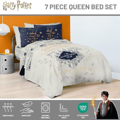Harry Potter Queen Comforter Set 7 Piece Soft Fantasy Bedding, Beige