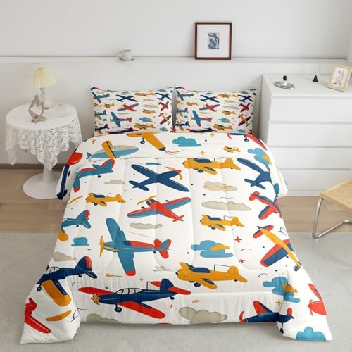 Manfei Airplane Kids Comforter Set King Size, Cartoon Aircraft Bedding Set for Boys Girls Room Decor, Flying Plane Print Down Comforter for All Season, Lightweight Duvet Insert, 2 Pillowcases