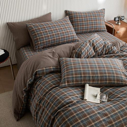 Vintage Buffalo Plaid Duvet Cover Queen Size,100% Washed Cotton Blue&Brown Plaid Checkered Comforter Cover with 2 Pillowcases, Farmhouse Grid Bedding Set Breathable Gingham Duvet Cover Set Queen