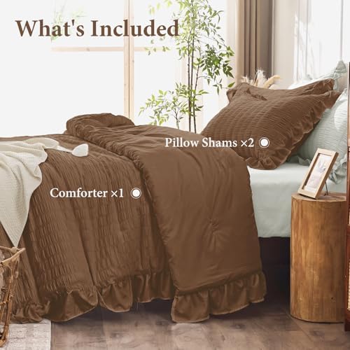 JOLLYVOGUE King Size Comforter Set, 3 Pieces Oak Brown Seersucker Comforters King Size, Lightweight & Fluffy Bedding Sets King for All Season with 1 Ruffle Comforter and 2 Ruffle Pillowshams