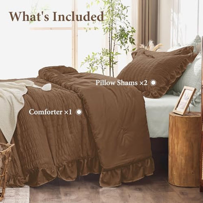 JOLLYVOGUE King Size Comforter Set, 3 Pieces Oak Brown Seersucker Comforters King Size, Lightweight & Fluffy Bedding Sets King for All Season with 1 Ruffle Comforter and 2 Ruffle Pillowshams