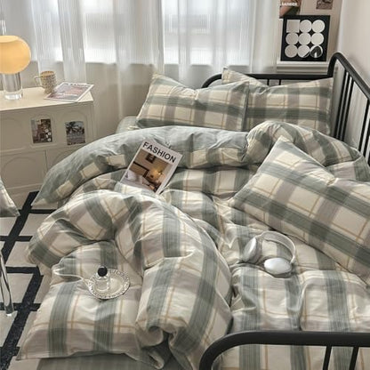 mixinni Twin XL Comforter Set Green Geometric Checkered Plaid Bedding Comforter Set Men Boys Modern Style All Season Soft Fluffy Lightweight Bedding Set-Twin XL Size