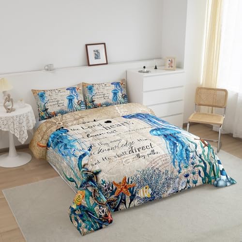 Homewish Jellyfish Comforter Set Full Size,Nautical Anchor Lighthouse Bedding Set 3Pcs for Kids Girls Boys Teens Room Decor,Ocean Animals Quilt Set Vintage Bible Quotes Duvet Insert,2 Pillowcases