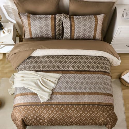 Cottolester Boho Queen Comforter Set,Khaki and Brown Striped Bed in a Bag