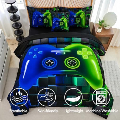 PERFEMET 6-Piece Game Full Size Bed in a Bag for Boys Blue and Green Video Gamer Bedding Set with Sheets Soft Fluffy 3D Printed Game Console Comforter Set for Kids Teen Girls(Blue Green, Full)