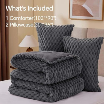 BEDELITE Fluffy King Size Comforter Set, Dark Grey Fleece Bed Set 3 Pieces
