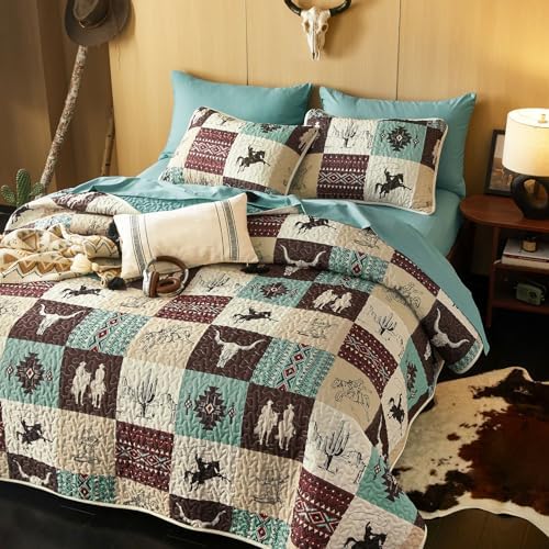 Wake In Cloud - Western Quilt Set, Southwestern Aztec Country Horse Cowboy Rustic Ranch Pattern Printed, Reversible Lightweight Bedspread Coverlet, 3 Pieces, Turquoise Taupe, Twin/Twin XL Size