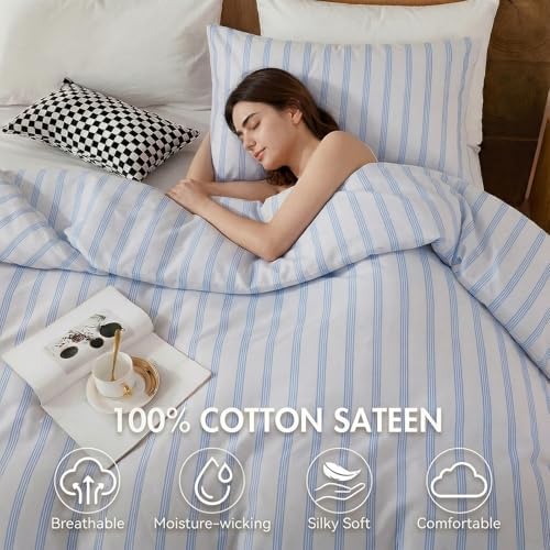 Bedbay Cotton Striped Duvet Cover Set Queen Size, Grey Blue Striped Bedding, 100% Cotton Sateen, Silky Soft Modern Minimalist 3 Piece Bedding Set for All Seasons