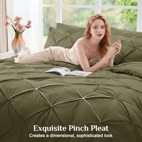 JOLLYVOGUE Twin XL Comforter Set 5 Pieces - Bed in a Bag Twin XL for All Season, Pintuck Bedding Comforter Sets with Comforter, Flat Sheet, Fitted Sheet and Pillowcases & Shams, Olive Green
