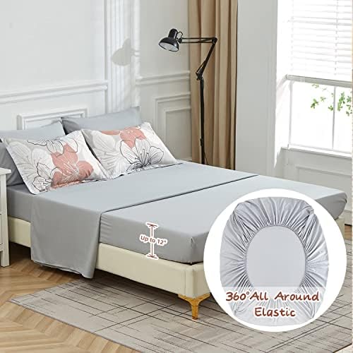 Floral Comforter Set King, 7 Pieces Blush Pink Flower on Grey Bedding Set