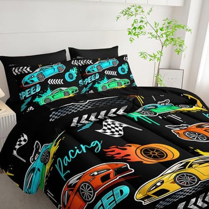 HOSIMA 7Pcs Black Cartoon Sports Race Car Queen Comforter Set with Sheets.