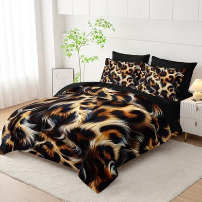 7 Piece Leopard/Cheetah Zebra Print Queen Size Comforter and Sheets Set，Leopard Print Bedding Set Queen，(1 Comforter, 1 Flat Sheet, 1 Fitted Sheet, 2 Pillowcase and 2 Pillow Sham)