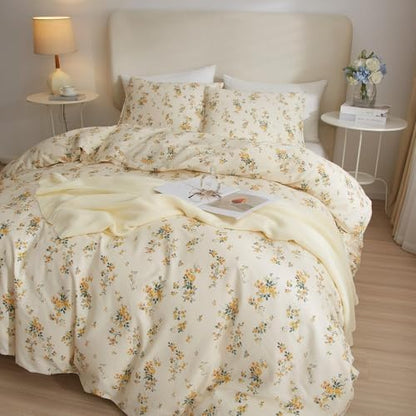 Yellow Floral Comforter Set Full Size Garden Style Flower Botanical Comforter Set Fluffy Soft Vintage Floral Bedding Set Full Chic Cottagecore Flowers Comforter with 2 Pillowcases for All Seasons