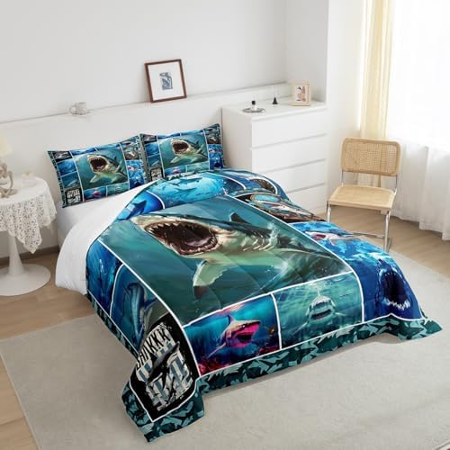 Homewish 3D Shark Full Size Comforter Set,Sea Animals Bedding Set for Adults Teens,Children Shark Geometric Comforter Luxury Grid Squares Quilt Set Room Decor 3Pcs