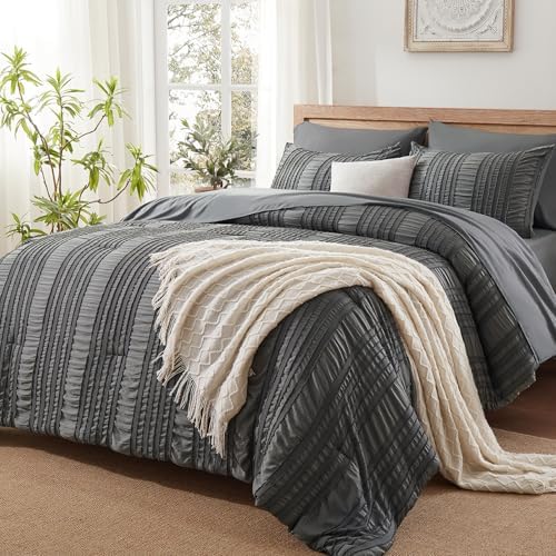 DHSFKBE Dark Grey Tufted Textured Comforter Set Queen Size, 7 Piece Bed in a Bag，Shabby Chic Boho Bedding for Bedroom Comforter，All Season Soft Microfiber Ruffle Comforter Set with Pillow and Sheets