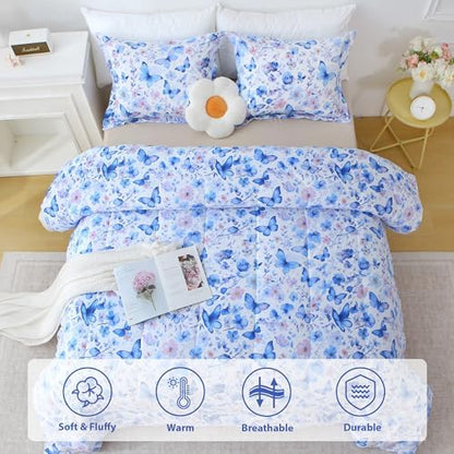 Mooreeke Floral Queen Size Comforter Sets, Violet Butterfly and Flower Patterned Bedding for All Seasons, 3-Piece Vintage Bed in a Bag with Fluffy Quilted Reversible Comforter & 2 Pillow Shams