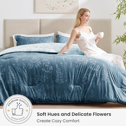 Love's cabin Bluish Grey Comforter Set King - King Size Comforter Set, 3 Pieces Cute Floral Bedding Sets for All Seasons,1 Soft Reversible Botanical Flowers Comforter and 2 Pillow Shams