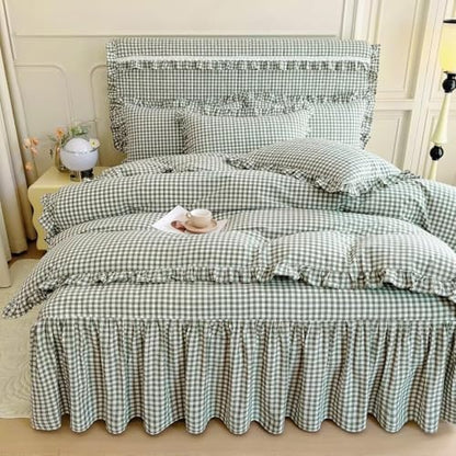 LifeTB Green Gingham Comforter Set Full Size Ruffle Plaid Checkered Pattern Comforter Farmhouse Grid Plaid Gingham Bedding Comforter Set with 2 Pillowcases Fluffy Soft Lightweight Grid Bedding Set