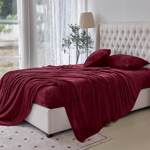 Elegant Comfort Luxuriously Soft 4-Piece Velvet Plush Flannel Sheet Set - Premium Quality - Cozy Warm, Anti-Static, Non Pilling Fuzzy Velvet Flannel Fleece Deep Pocket Sheet Set - Twin, Burgundy