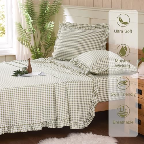 Gingham King Sheet Set, Lightweight Super Soft Brushed Microfiber Plaid Bed Sheets with 16" Deep Pocket, 4 Piece Ruffle Farmhouse Bedroom Decor, Sage Green